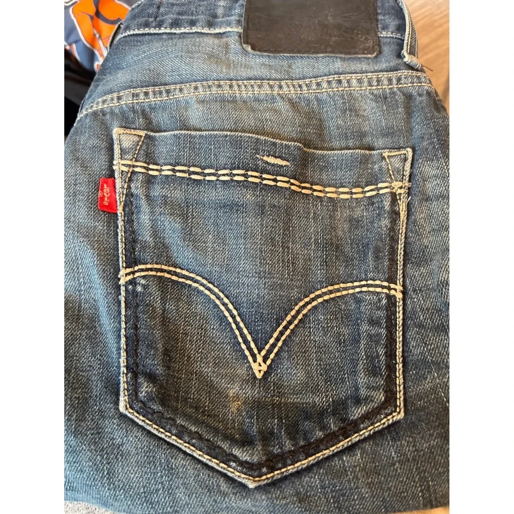 Levis Straight Leg Jeans Medium Wash Distressed Thick Stitch Blue TPR9 34x34‎